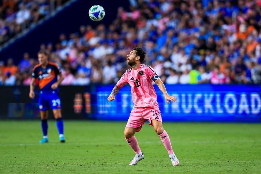 Jul 16, 2025; Cincinnati, Ohio, USA; Inter Miami CF forward Lionel Messi (10) controls the ball against FC Cincinnati in the first half at TQL Stadium. Mandatory Credit: Katie Stratman-Imagn Images