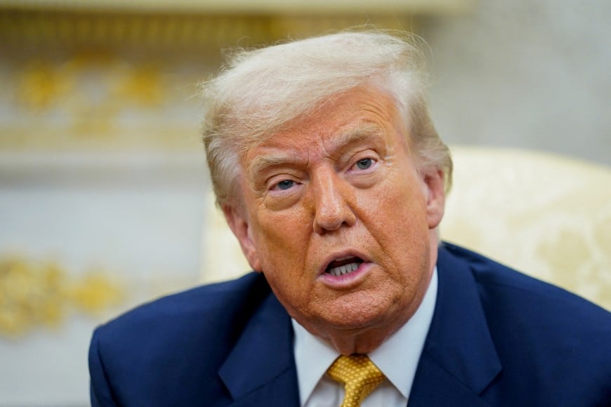 FILE PHOTO: U.S. President Donald Trump speaks, as he meets with Bahrain's Crown Prince and Prime Minister Salman bin Hamad Al Khalifa (not pictured), in the Oval Office at the White House in Washington, D.C., U.S., July 16, 2025. REUTERS/Nathan Howard/File Photo