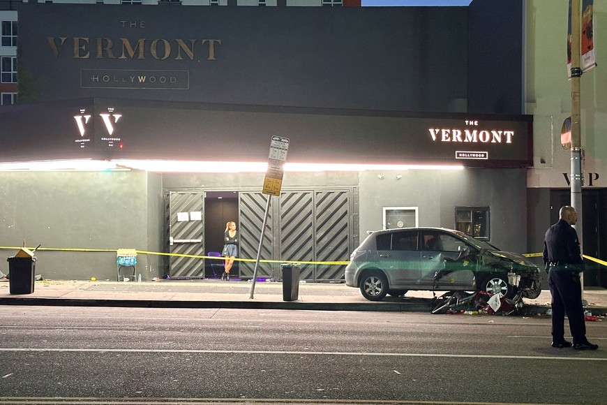 A vehicle that plunged into a crowd outside a nightclub injuring dozens is seen in Los Angeles, California, U.S., July 19, 2025. REUTERS/Jorge Garcia