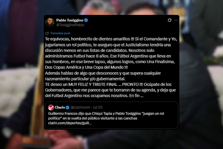 El mensaje "mafioso" de Toviggino. Foto: X