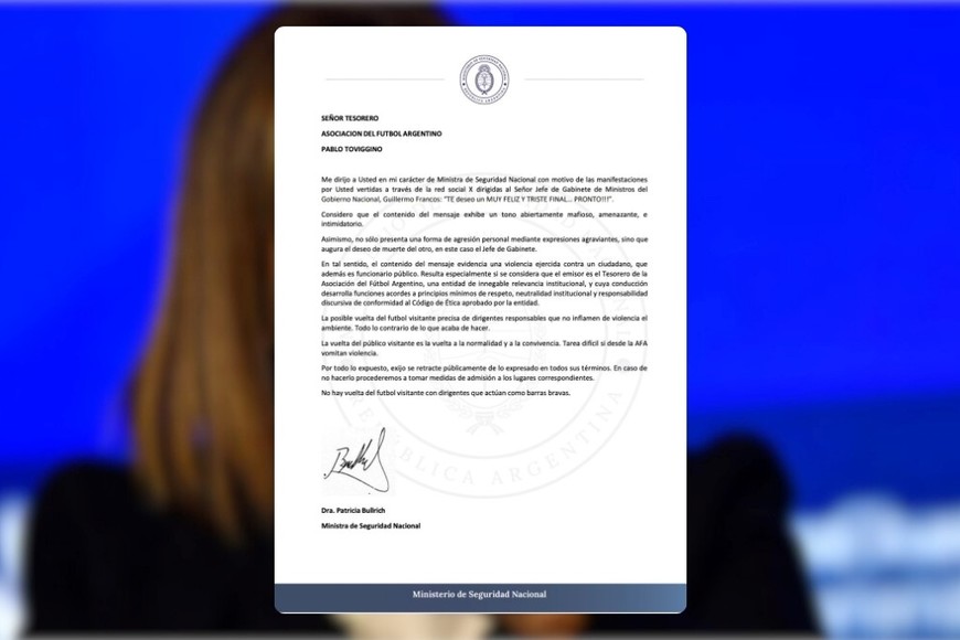 El comunicado de Bullrich. Foto: X