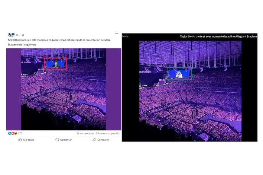 Comparación hecha el 23 de julio de 2025 entre capturas de pantalla  de una entrada en Facebook (I) y la imagen original en artículo de 2023