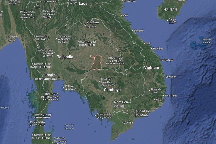 La provincia de Surin, marcada en la frontera entre Tailandia y Camboya. Crédito: Google Maps