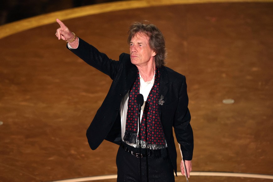 Mick Jagger gestures onstage during the Oscars show at the 97th Academy Awards in Hollywood, Los Angeles, California, U.S., March 2, 2025. REUTERS/Carlos Barria