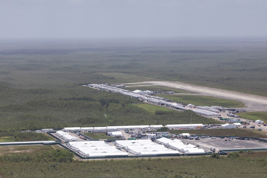 An aerial view shows "Alligator Alcatraz" ICE detention center at Dade-Collier Training and Transition Airport in Ochopee, Florida, U.S. July 24, 2025. REUTERS/Marco Bello