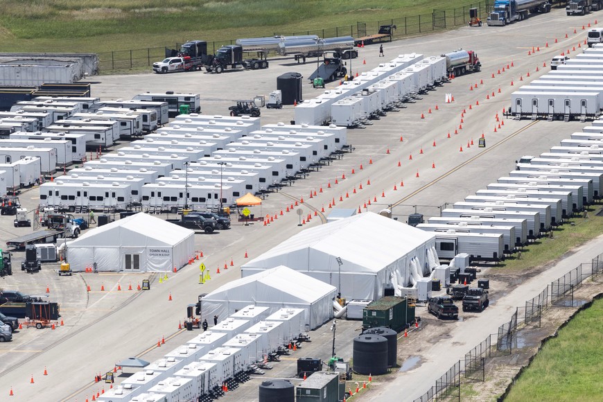 An aerial view shows "Alligator Alcatraz" ICE detention center at Dade-Collier Training and Transition Airport in Ochopee, Florida, U.S. July 24, 2025. REUTERS/Marco Bello