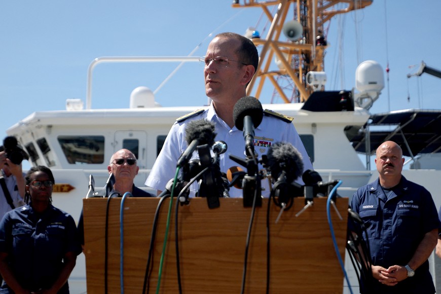 Rear Admiral John Mauger, the First Coast Guard District commander speaks during a press conference updating about the search of the missing OceanGate Expeditions submersible, which is carrying five people to explore the wreck of the sunken Titanic, in Boston, Massachusetts, U.S., June 22, 2023.   REUTERS/Brian Snyder