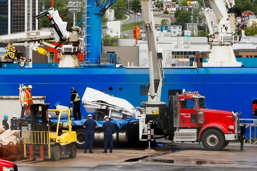 A view of the Horizon Arctic ship, as salvaged pieces of the Titan submersible from OceanGate Expeditions are returned, in St. John's harbour, Newfoundland, Canada June 28, 2023. REUTERS/David Hiscock NO RESALES. NO ARCHIVES     TPX IMAGES OF THE DAY