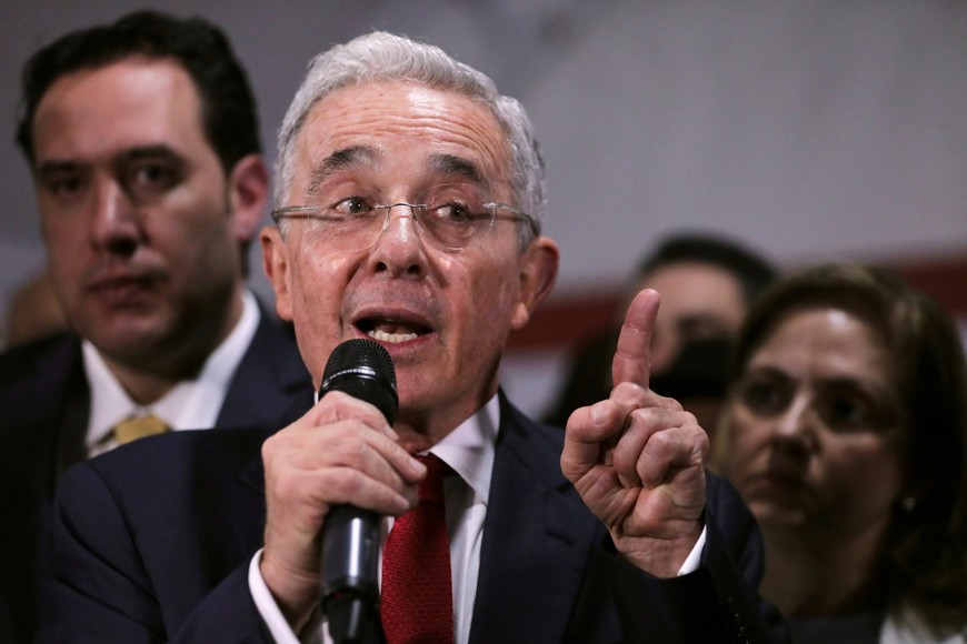 FILE PHOTO: Colombia's former president Alvaro Uribe, speaks during a news conference after a private hearing at Supreme Court of Justice, in Bogota, Colombia October 8, 2019. REUTERS/Luisa Gonzalez/File Photo