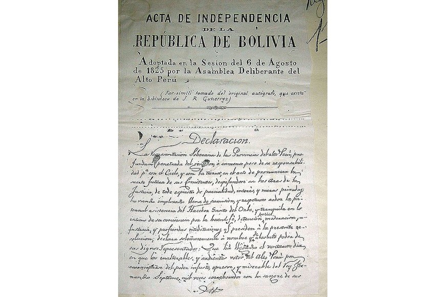 Facsímil del Acta de la Independencia de Bolivia labrada el 6 de agosto de 1825. Gentileza
