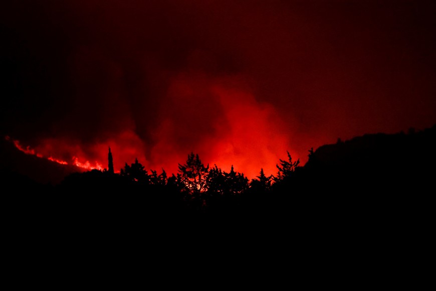 Trees burn during a wildfire near Narbonne, southern France, August 6, 2025. REUTERS/Manon Cruz