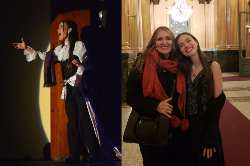 Loana Ayuso sobre el escenario, y junto a su maestra Susana Caligaris en el Teatro Colón, luego de un concierto en el Salón Dorado.