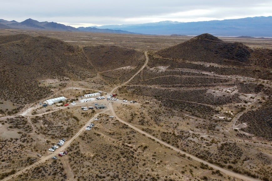 A drone view shows the site of the PSJ Cobre Mendocino mining project where a public hearing was taking place for a planned copper mine, near the Chilean border, in Uspallata, Mendoza, Argentina August 2, 2025. REUTERS/Ramiro Gomez