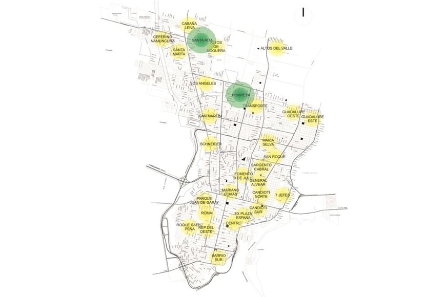 En amarillo, los barrios en lo que ya se intervino; en verde, los actuales.