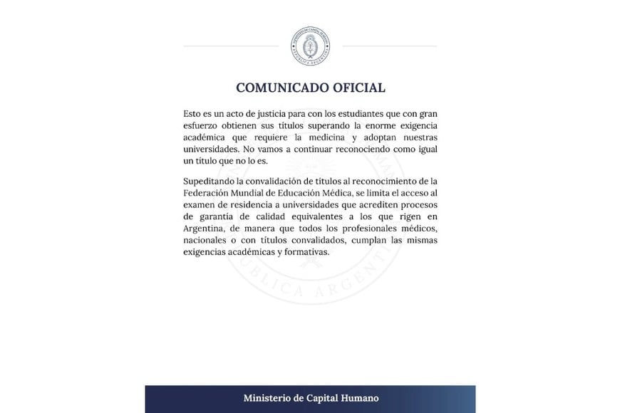 Comunicado del Ministerio de Capital Humano. Crédito: @MinCapHum_Ar.