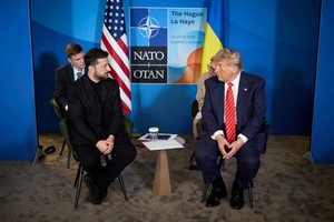 FILE PHOTO: U.S. President Donald Trump and Ukraine's President Volodymyr Zelenskiy attend a meeting on the sidelines of NATO summit in The Hague, Netherlands June 25, 2025. Ukrainian Presidential Press Service/Handout via REUTERS ATTENTION EDITORS - THIS IMAGE HAS BEEN SUPPLIED BY A THIRD PARTY/File Photo