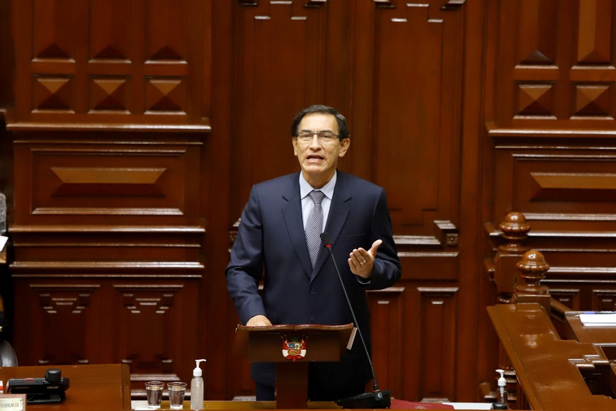 Peru's President Martin Vizcarra addresses lawmakers at Congress, as he faces a second impeachment trial over corruption allegations, in Lima, Peru November 9, 2020. Peruvian Presidency/Handout via REUTERS. NO RESALES. NO ARCHIVES. ATTENTION EDITORS - THIS IMAGE HAS BEEN SUPPLIED BY A THIRD PARTY.