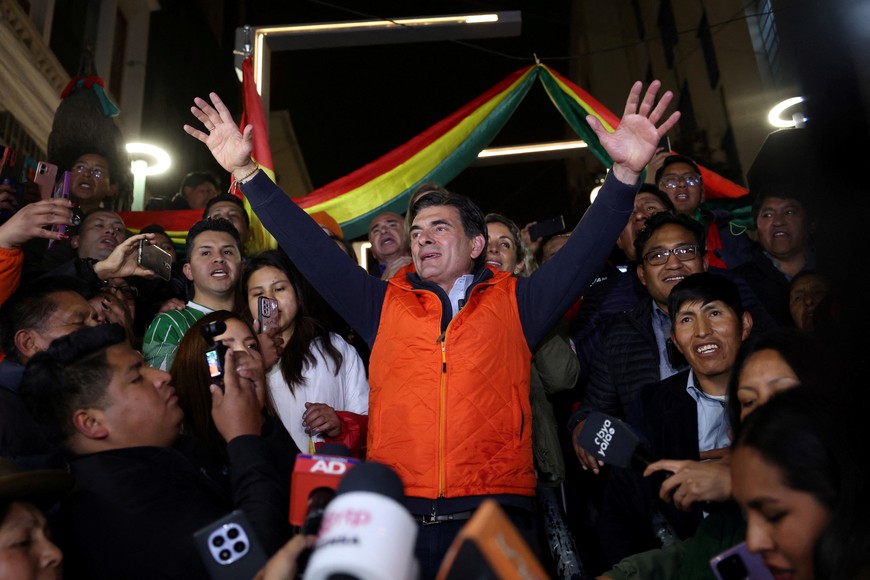 Bolivian presidential candidate centrist Senator Rodrigo Paz of the Christian Democratic Party (PDC) reacts, as early official results show that he is leading Sunday's presidential race, in La Paz, Bolivia August 17, 2025. REUTERS/Pilar Olivares