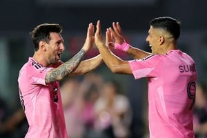 Aug 16, 2025; Fort Lauderdale, Florida, USA; Inter Miami CF forward Luis Suarez (9) celebrates with forward Lionel Messi (10) after scoring a goal against Los Angeles Galaxy during the second half at Chase Stadium. Mandatory Credit: Sam Navarro-Imagn Images     TPX IMAGES OF THE DAY