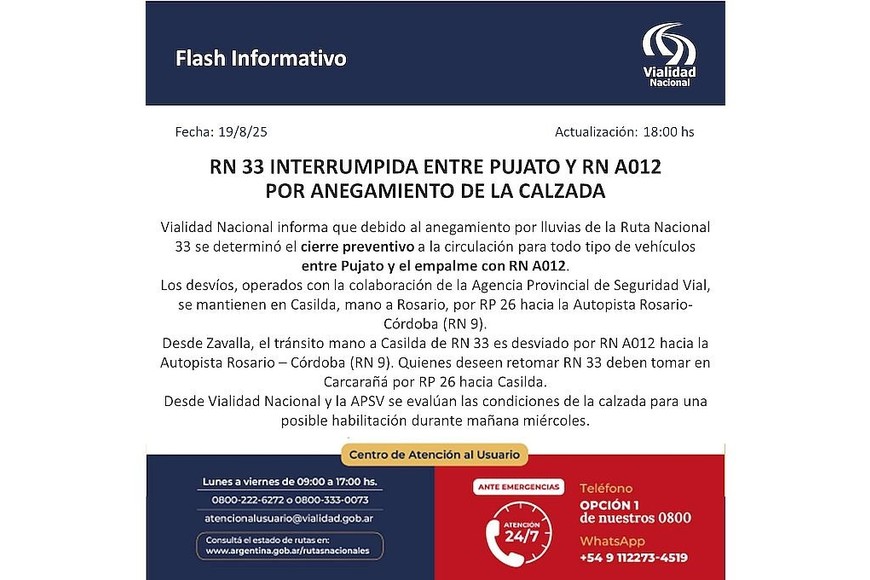 El comunicado de Vialidad.