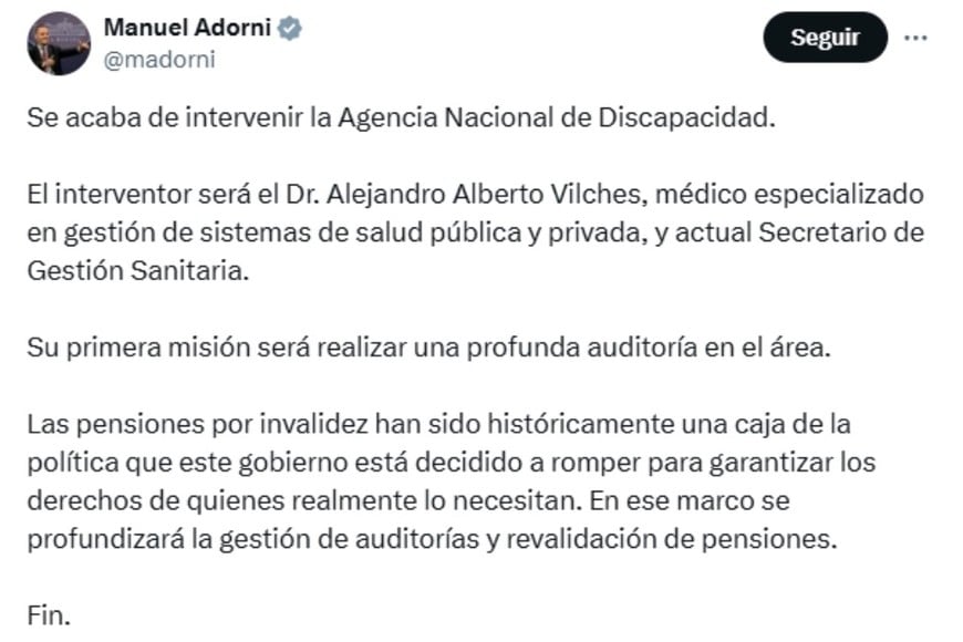 Lo comunicó Adorni vía X.