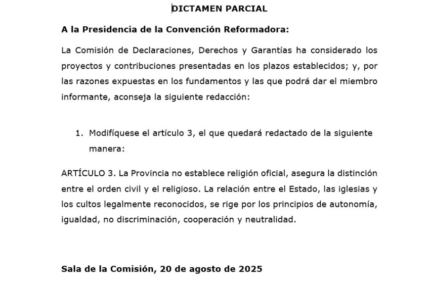 El dictamen parcial que modifica el artículo 3 de la Constitución de la provincia de Santa Fe.