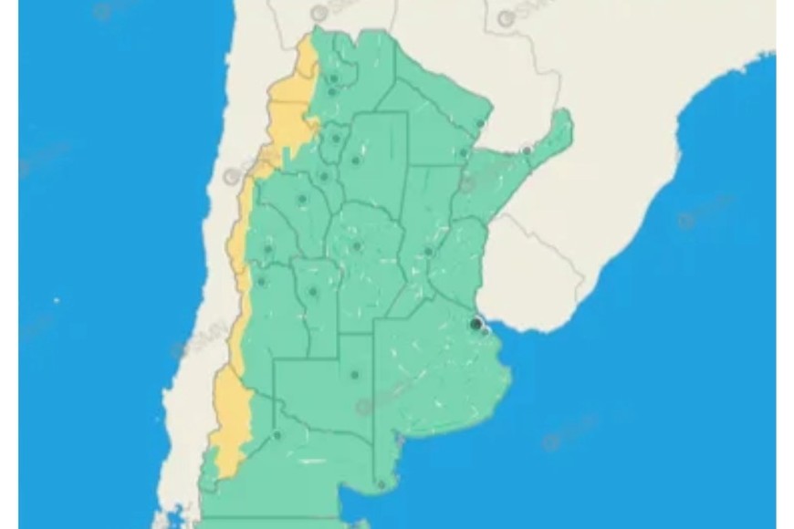La franja del oeste y norte argentina es la afectada por el aviso. Crédito: SMN