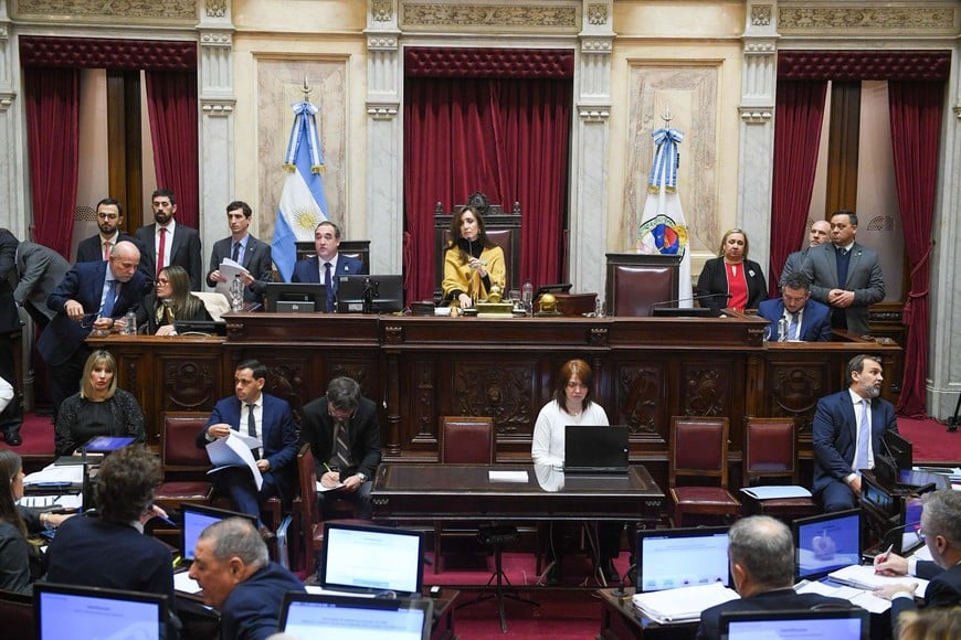 Presidida por Victoria Villarruel, desde antes del mediodía hasta después de medianoche se extendió la tensa sesión de la Cámara de Senadores de la Nación. Crédito: Cámara de Senadores.