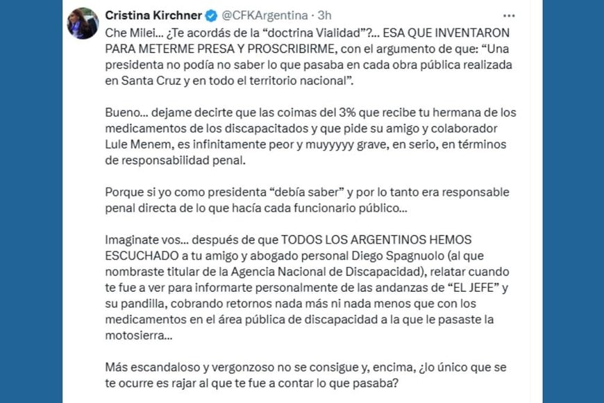 Cristina Kirchner publicó en X un mensaje acusando a Javier Milei y su entorno por presuntas coimas.