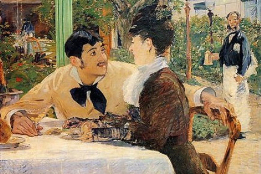 "Pareja en el Père Lathuille", cuadro del pintor impresionista Édouard Manet (1879), perteneciente al Museo de Bellas Artes de Tournai, Francia. En el tranquilo y exhuberante jardín de un restaurante de Clochy Avenue, en París, un joven está cortejando a una chica. Gentileza