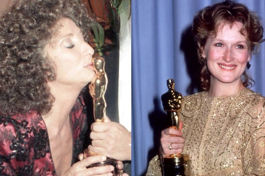 Norma Aleandro en 1986 y Meryl Streep en 1983 con sus premios Óscars, otorgados por la Academia de Artes y Ciencias Cinematográficas de Estados Unidos.