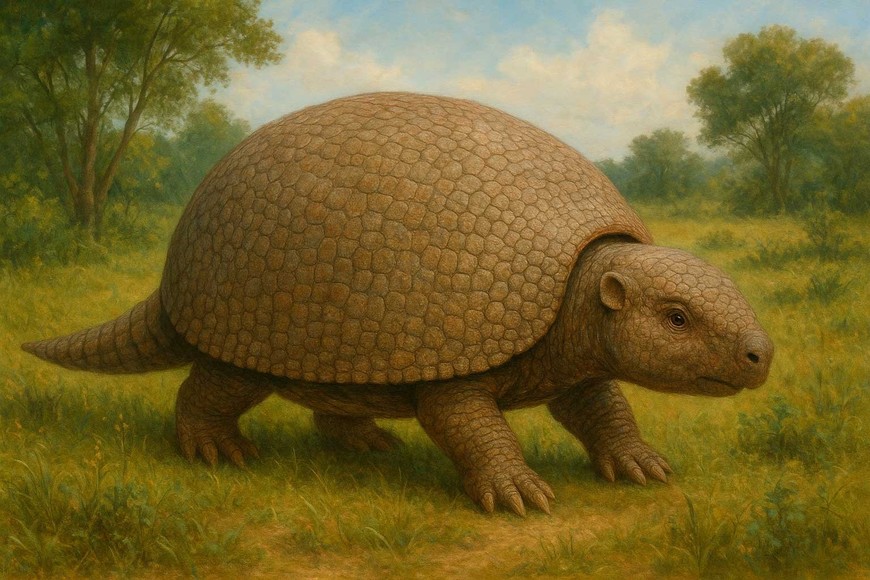 Restos óseos y otros elementos de un gliptodonte en medio de Santa Fe. La imagen es sólo ilustrativa, generada por IA.