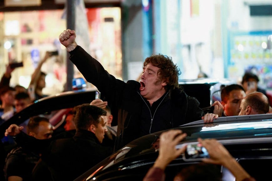 FILE PHOTO: Argentina's President Javier Milei gestures during a campaign rally, ahead of the May 18 Buenos Aires' city legislative elections, in Buenos Aires, Argentina April 30, 2025. REUTERS/Matias Baglietto/File Photo