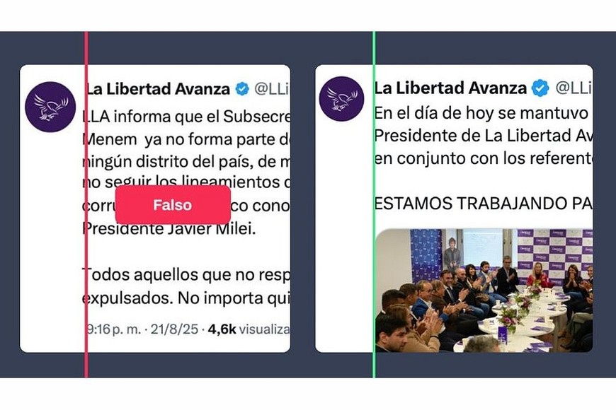 A la izquierda, la captura viral falsa con el usuario y textos desalineados; a la derecha, un tuit verdadero de @LLibertadAvanza con los elementos alineados.