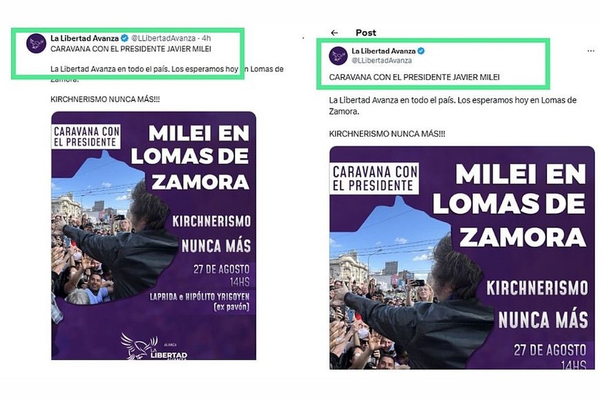 A la izquierda, un tuit de @LLibertadAvanza visto desde el feed del usuario; a la derecha, el mismo tuit visto en detalle. Allí se ve cómo los textos y los avatares se sitúan en lugares distintos.
