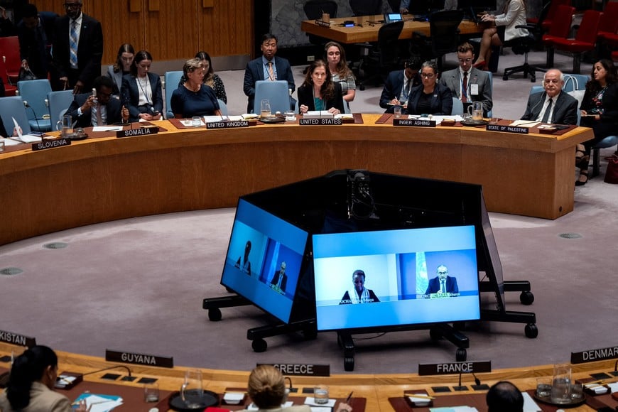 United States Ambassador to the United Nations Dorothy Shea addresses a meeting of the UN Security Council on the Israel-Palestinian conflict at U.N. Headquarters in New York City, U.S., August 27, 2025. REUTERS/Angelina Katsanis