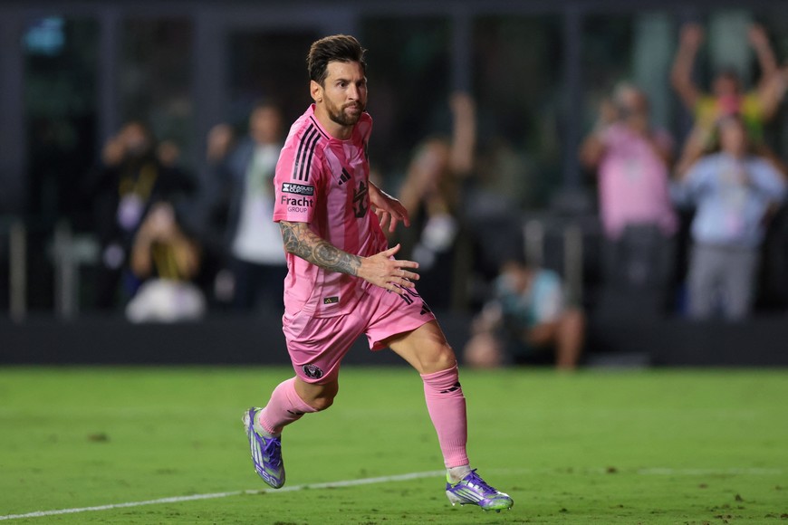 Aug 27, 2025; Fort Lauderdale, Florida, USA; Inter Miami CF forward Lionel Messi (10) scores a penalty against the Orlando City during the second half at Chase Stadium. Mandatory Credit: Sam Navarro-Imagn Images