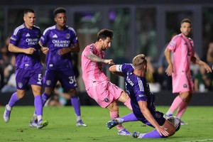 Aug 27, 2025; Fort Lauderdale, Florida, USA; Inter Miami CF forward Lionel Messi (10) scores against Orlando City during the second half at Chase Stadium. Mandatory Credit: Sam Navarro-Imagn Images