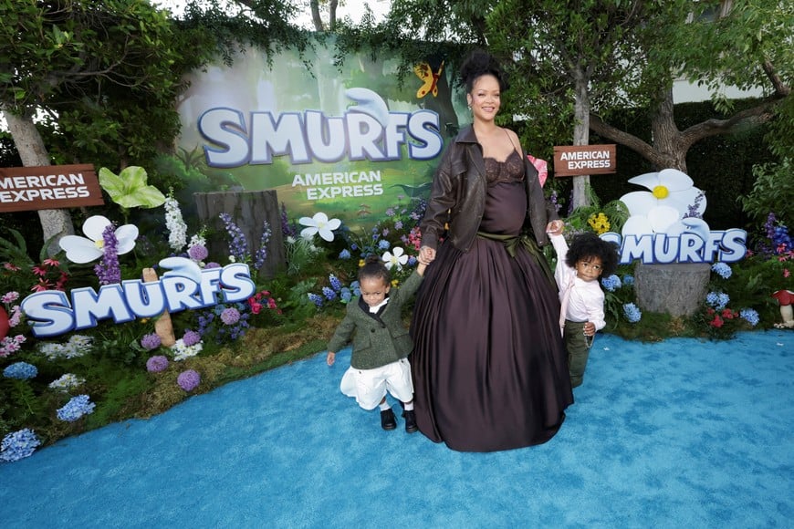 Cast member Rihanna, along with Riot Rose Mayers and RZA Athelston Mayers, attend the premiere for the film "Smurfs" in Los Angeles, California, U.S., July 13, 2025.    REUTERS/Mario Anzuoni     TPX IMAGES OF THE DAY