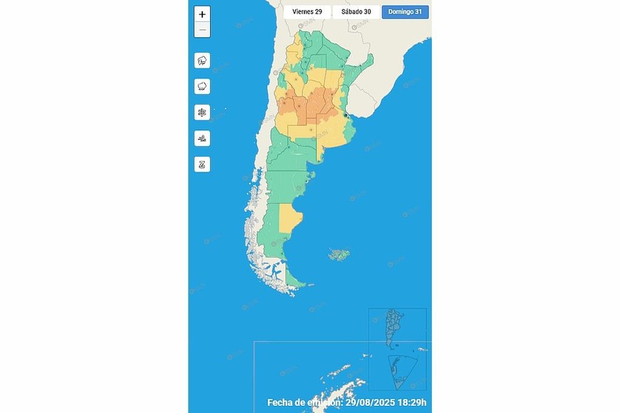 Previsión para el domingo. Fuente: SMN