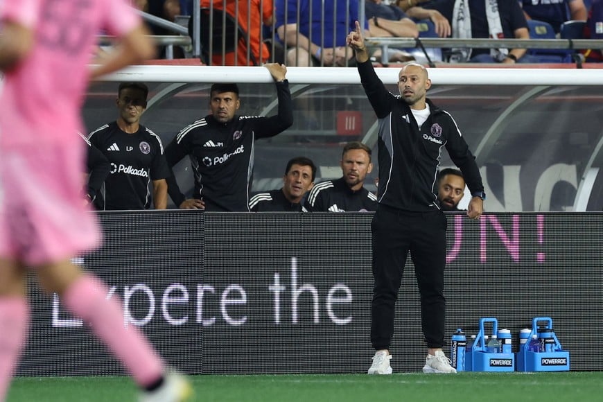 Jul 9, 2025; Foxborough, Massachusetts, USA; Inter Miami CF head coach Javier Mascherano reacts during the second half against the New England Revolution at Gillette Stadium. Mandatory Credit: Paul Rutherford-Imagn Images