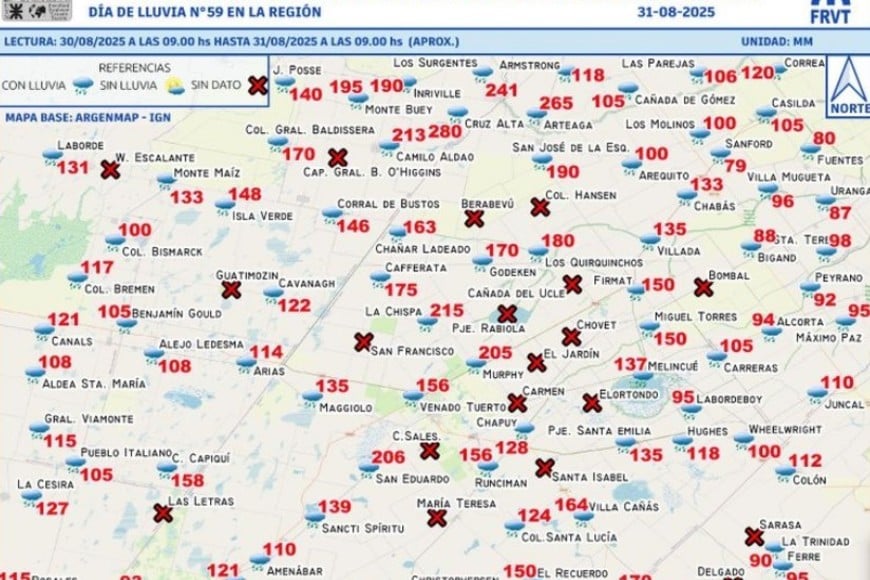 Registro de las recientes lluvias en la región, elaborado por la Facultad Regional Venado Tuerto de la UTN. Foto: UTN