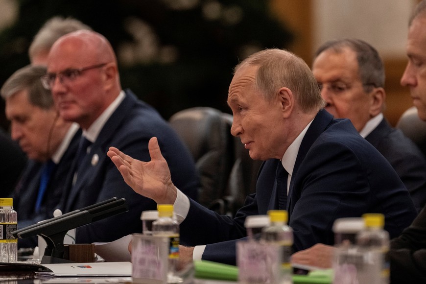 Russian President Vladimir Putin gestures as he speaks at the beginning of a bilateral meeting with Chinese President Xi Jinping (not seen) at The Great Hall of the People on September 2, 2025 in Beijing, China. POOL/Pool via REUTERS