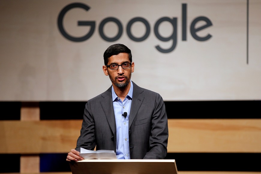 FILE PHOTO: Google CEO Sundar Pichai speaks during signing ceremony committing Google to help expand information technology education at El Centro College in Dallas, Texas, U.S. October 3, 2019.  REUTERS/Brandon Wade/File Photo