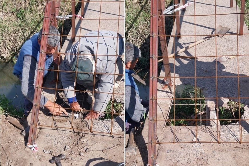 Vecinos trabajando en la reparación del puente sobre el Zanjón de la Muerte.
