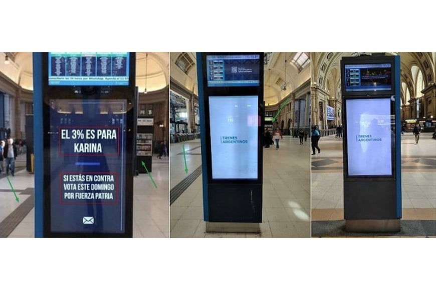 Comparación hecha el 5 de septiembre de 2025 de la imagen viral (I) y fotografías tomadas por la AFP de carteleras digitales en las estaciones de Retiro (C) y Constitución.