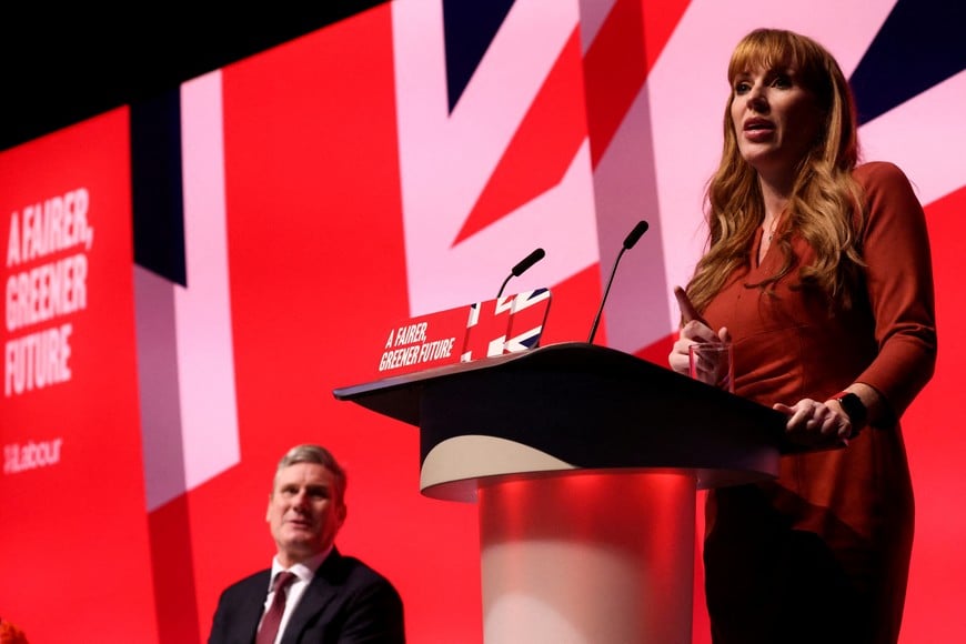 FILE PHOTO: British Deputy leader of the Labour Party Angela Rayner speaks as Labour Party leader Keir Starmer looks on, at Britain's Labour Party annual conference in Liverpool, Britain, September 28, 2022. REUTERS/Henry Nicholls/File Photo