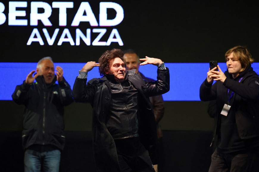 Argentina's President Javier Milei  gestures onstage during the closing campaign rally of the La Libertad Avanza party, days before the legislative elections in the province of Buenos Aires, in Moreno on the outskirts of Buenos Aires, Argentina, September 3, 2025. REUTERS/Agustin Marcarian