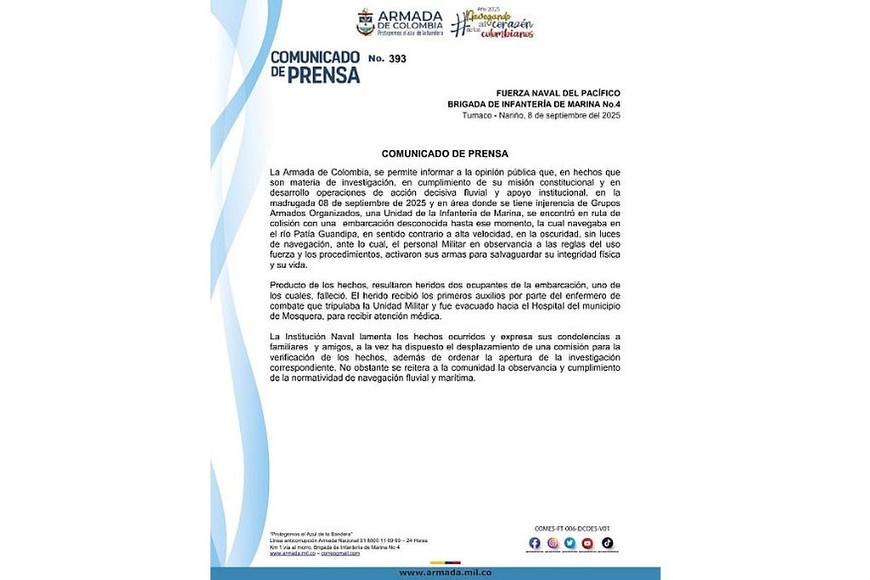 El comunicado oficial de la Armada colombiana.