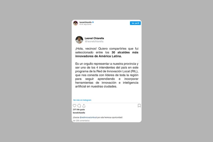 La publicación de Chiarella en Instagram.